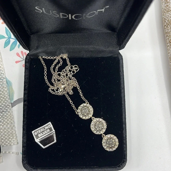 Vintage Sterling Silver Marcasite & CZ's 3 Disk Drop Lavaliere Necklace 17-20" - Picture 5 of 10